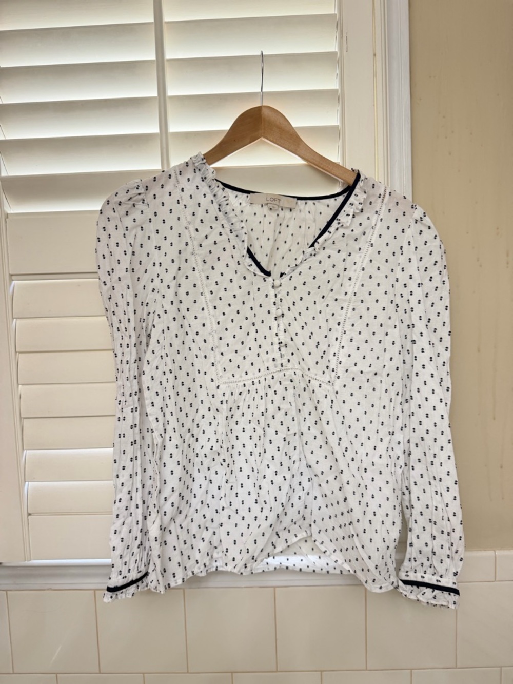 LOFT White Long-Sleeve Blouse with Navy Dot Trim
